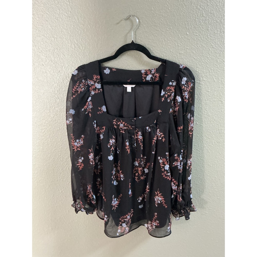 LC Lauren Conrad Floral Square Neck Chiffon Blouse Black XL